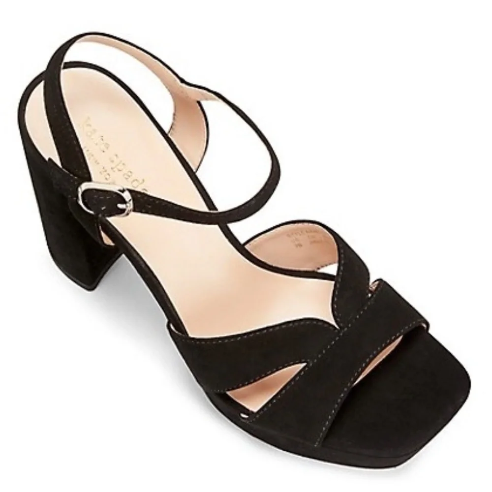 Kate Spade Delight Black Suede Platform Heels Block Heel Ankle Strap Sandals 10